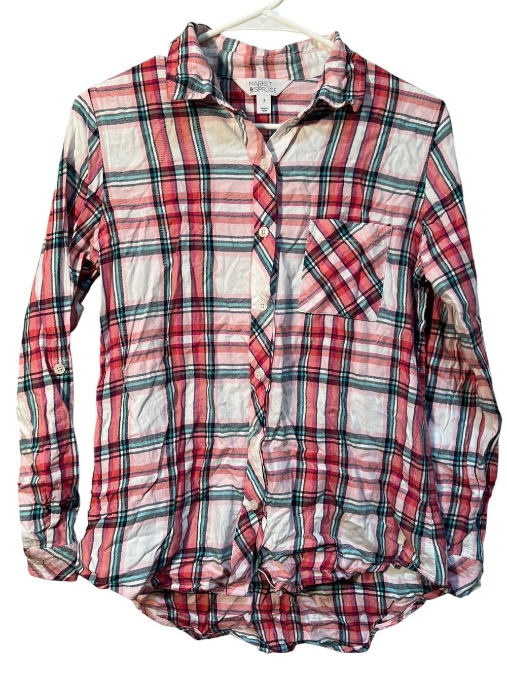 Market & Spruce Women's Size Small Button Down Shirt Pink White Teal Plaid